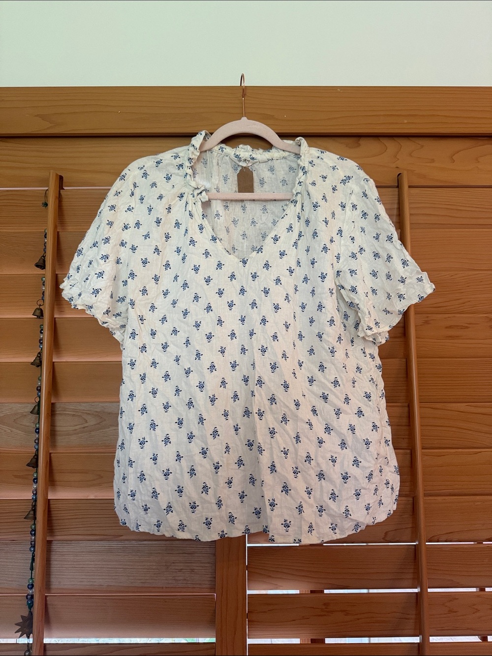 Candace Cameron Bure Cream Blouse with Blue Floral Print
